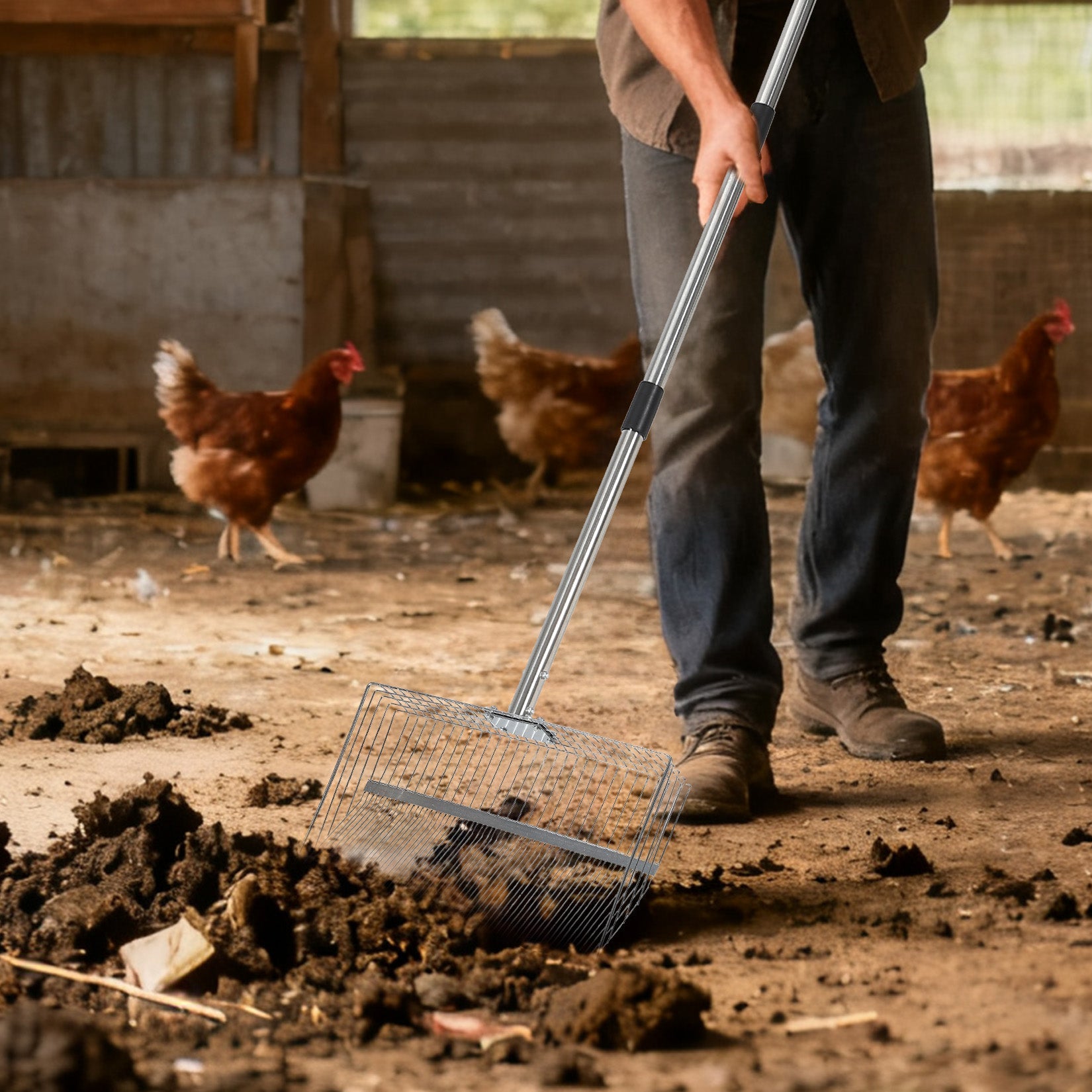 Garvee Chicken Coop Rake 24"-72" Adjustable - 14.9" Galvanized Manure Scoop w/Rubber Grip for Pet Waste, Sand & Hay Cleaning