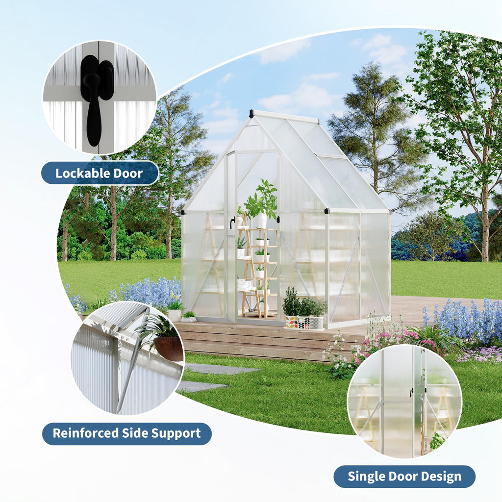 Garvee 6X4FT Polycarbonate Greenhouse, Heavy Duty Aluminum Walk-In Greenhouses with Adjustable Roof Vent, Outdoor Plant Greenhouse for Garden, Sliver
