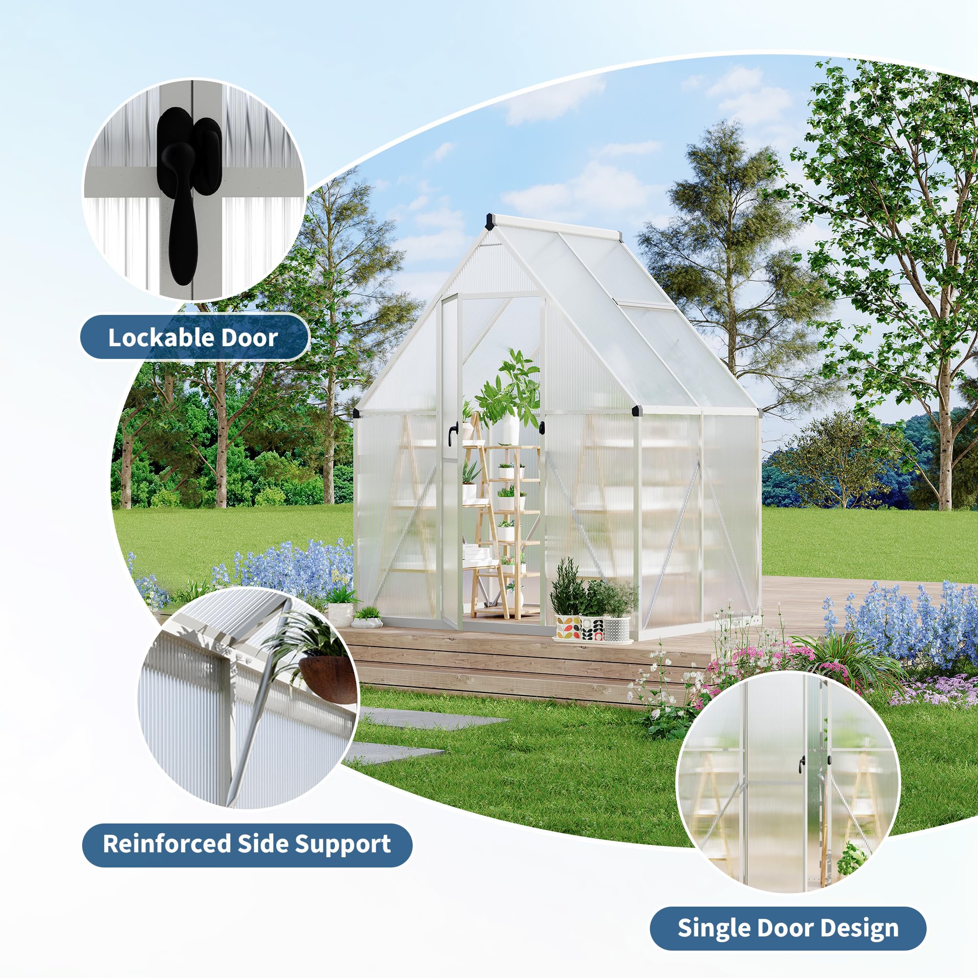 Garvee 6X4FT Polycarbonate Greenhouse, Heavy Duty Aluminum Walk-In Greenhouses with Adjustable Roof Vent, Outdoor Plant Greenhouse for Garden, Sliver