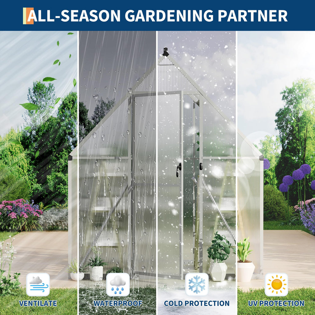 Garvee 6X4FT Polycarbonate Greenhouse, Heavy Duty Aluminum Walk-In Greenhouses with Adjustable Roof Vent, Outdoor Plant Greenhouse for Garden, Sliver