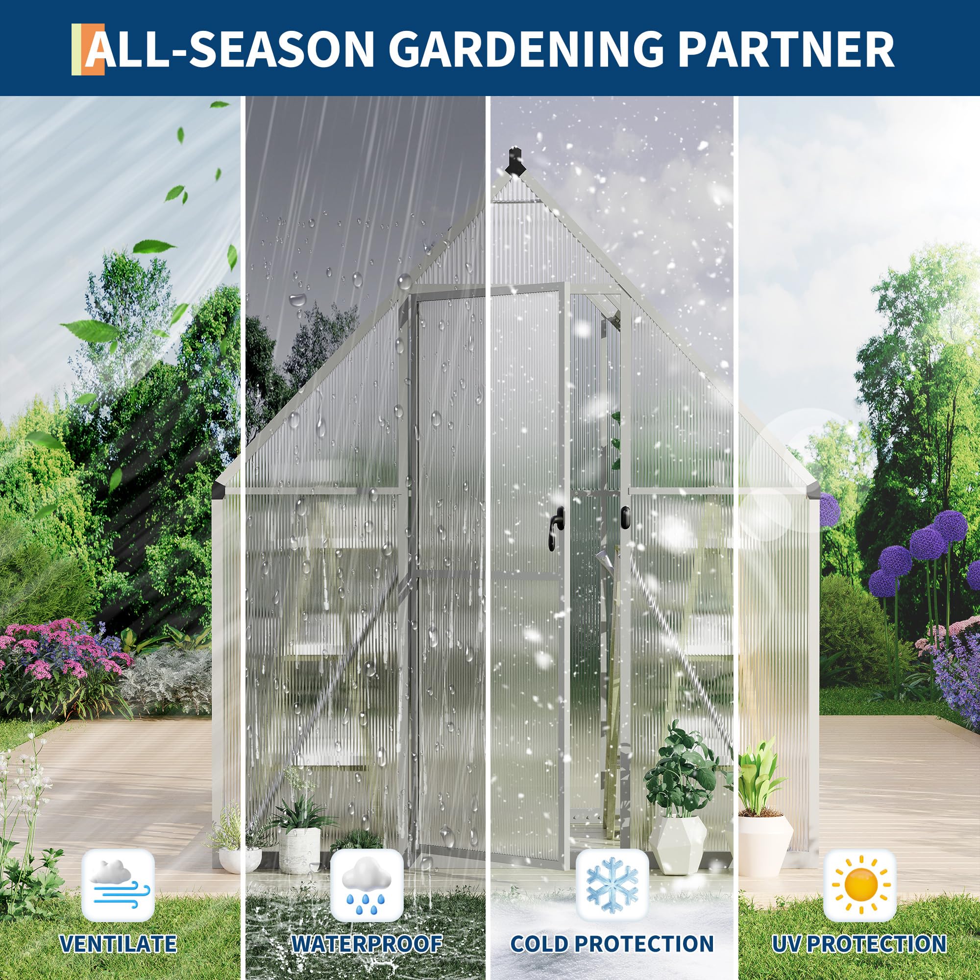 Garvee 6X4FT Polycarbonate Greenhouse, Heavy Duty Aluminum Walk-In Greenhouses with Adjustable Roof Vent, Outdoor Plant Greenhouse for Garden, Sliver