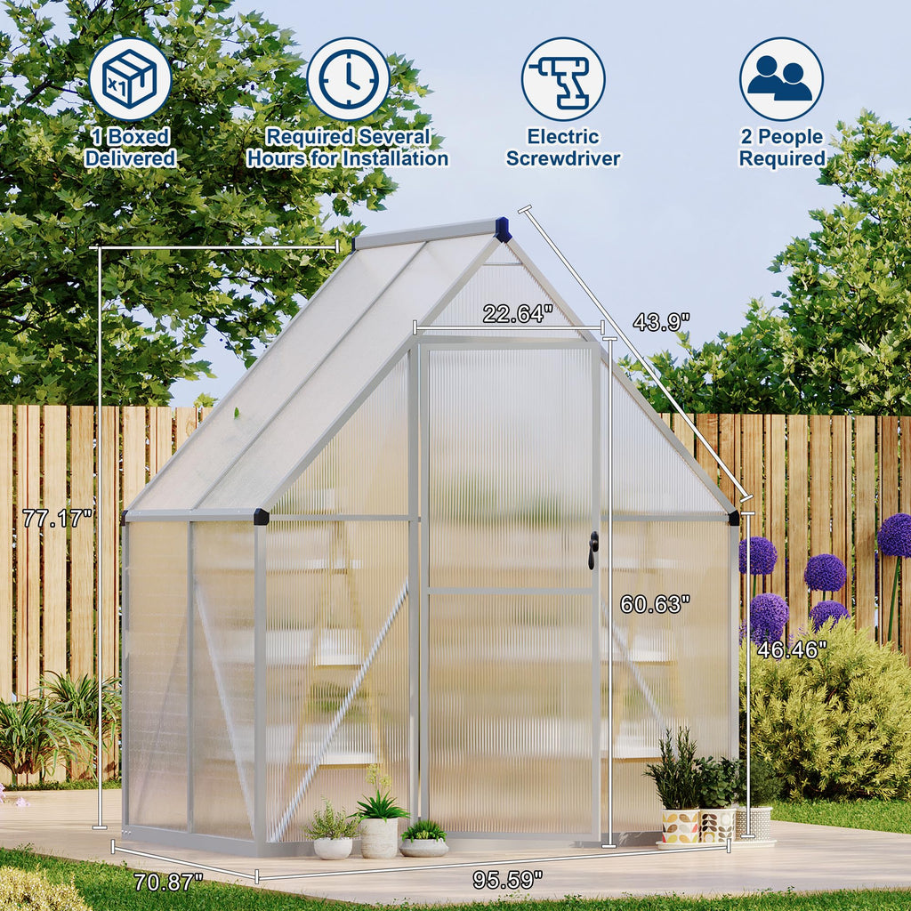 Garvee 6X4FT Polycarbonate Greenhouse, Heavy Duty Aluminum Walk-In Greenhouses with Adjustable Roof Vent, Outdoor Plant Greenhouse for Garden, Sliver