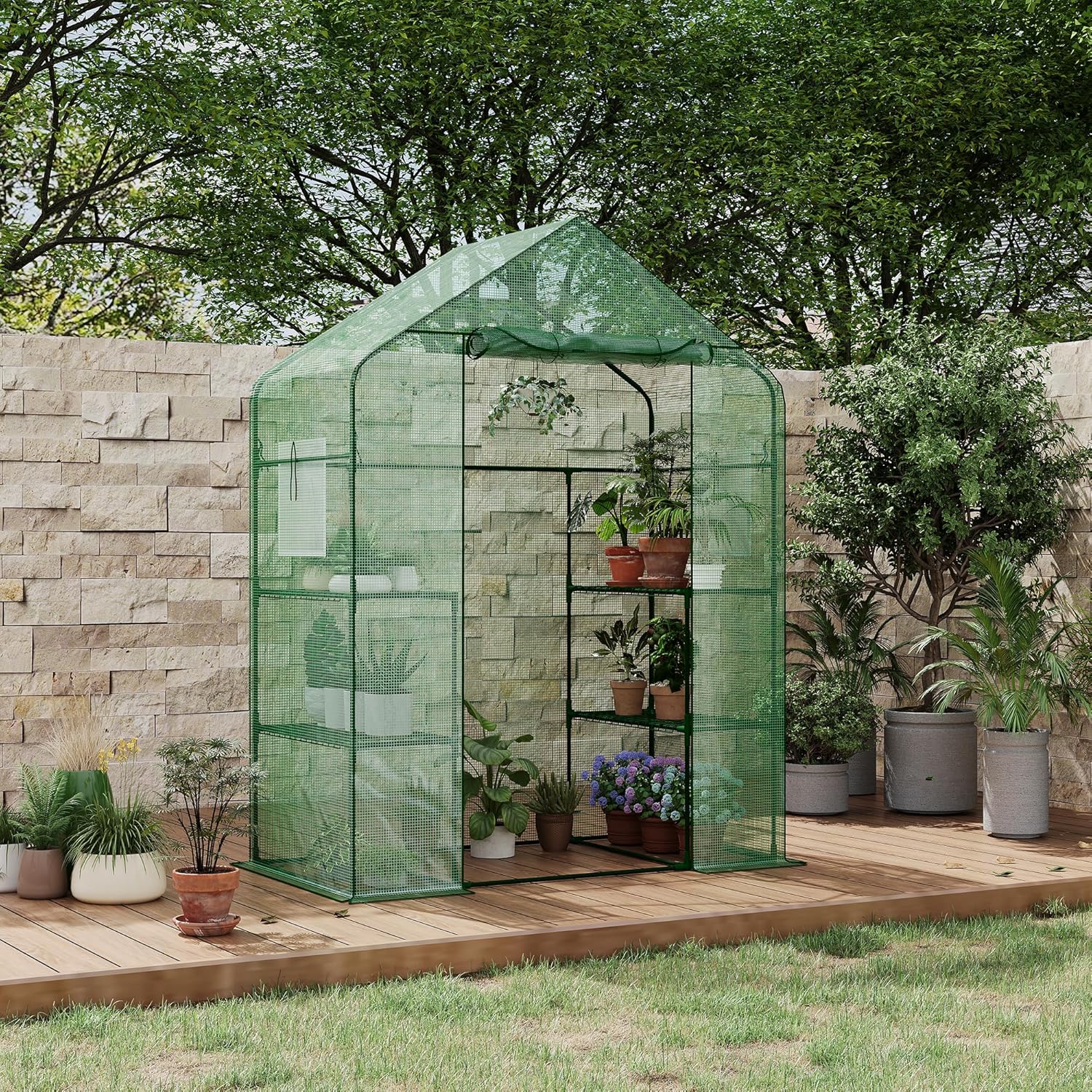Garvee 57" X 29" X 77" Walk-in Greenhouse with A Roll-Up Zipper Door and 6 Windows, Garden Plant Hot House with Galvanized Steel Frame, Green PE Cover Warm House for Outdoors Vegetables Plants