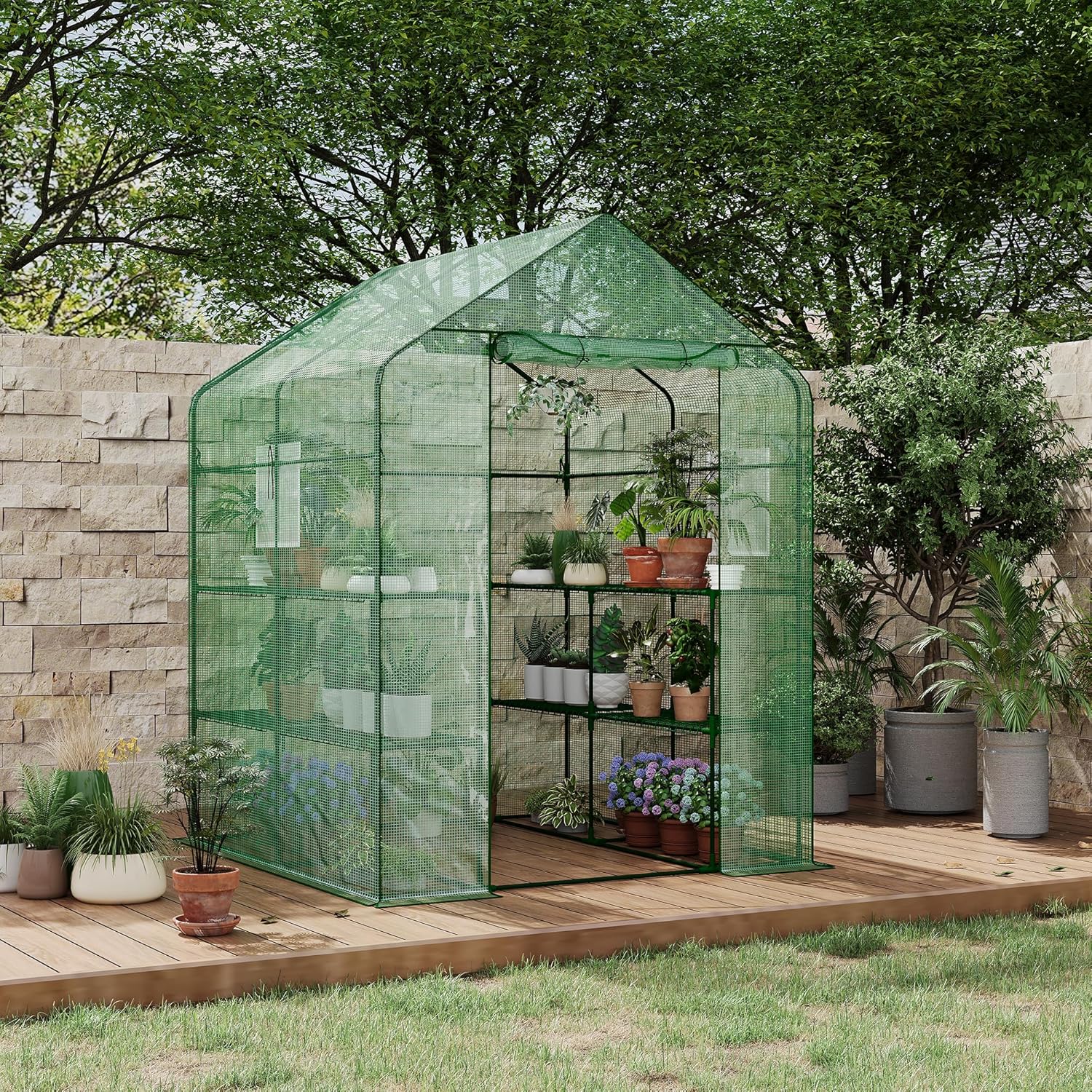 Garvee 57 x 57 x 76 inches Walk-in Greenhouse with A Roll-Up Zipper Door and 6 Windows, Garden Plant Hot House with Galvanized Steel Frame, Green PE Cover Warm House for Outdoors Vegetables Plants