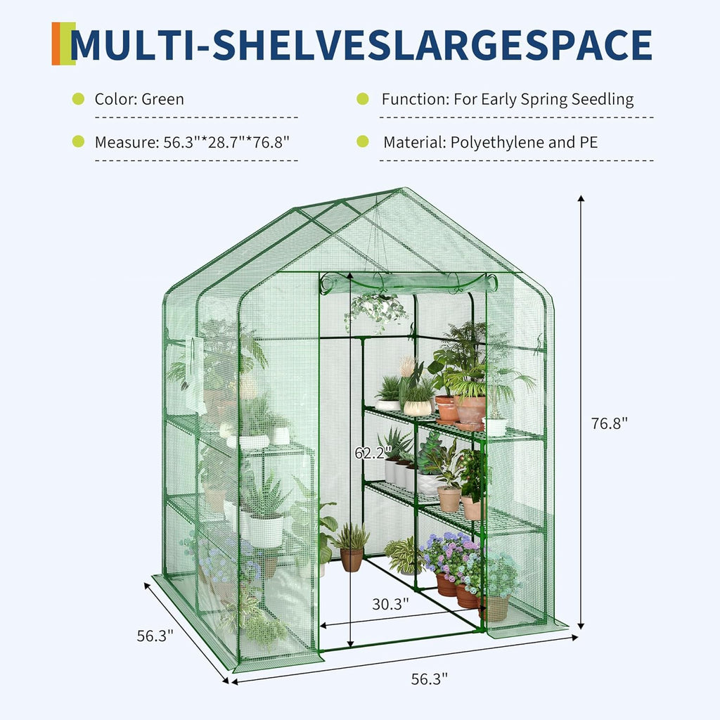 Garvee 57 x 57 x 76 inches Walk-in Greenhouse with A Roll-Up Zipper Door and 6 Windows, Garden Plant Hot House with Galvanized Steel Frame, Green PE Cover Warm House for Outdoors Vegetables Plants