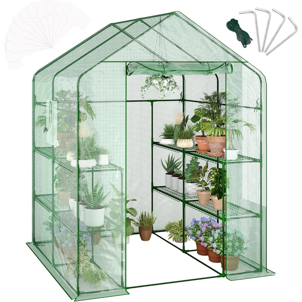 Garvee 57 x 57 x 76 inches Walk-in Greenhouse with A Roll-Up Zipper Door and 6 Windows, Garden Plant Hot House with Galvanized Steel Frame, Green PE Cover Warm House for Outdoors Vegetables Plants
