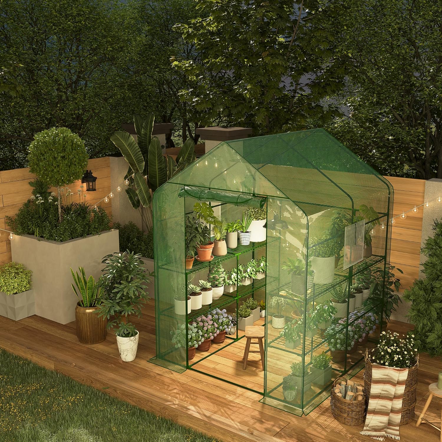 Garvee 57 x 57 x 76 inches Walk-in Greenhouse with A Roll-Up Zipper Door and 6 Windows, Garden Plant Hot House with Galvanized Steel Frame, Green PE Cover Warm House for Outdoors Vegetables Plants