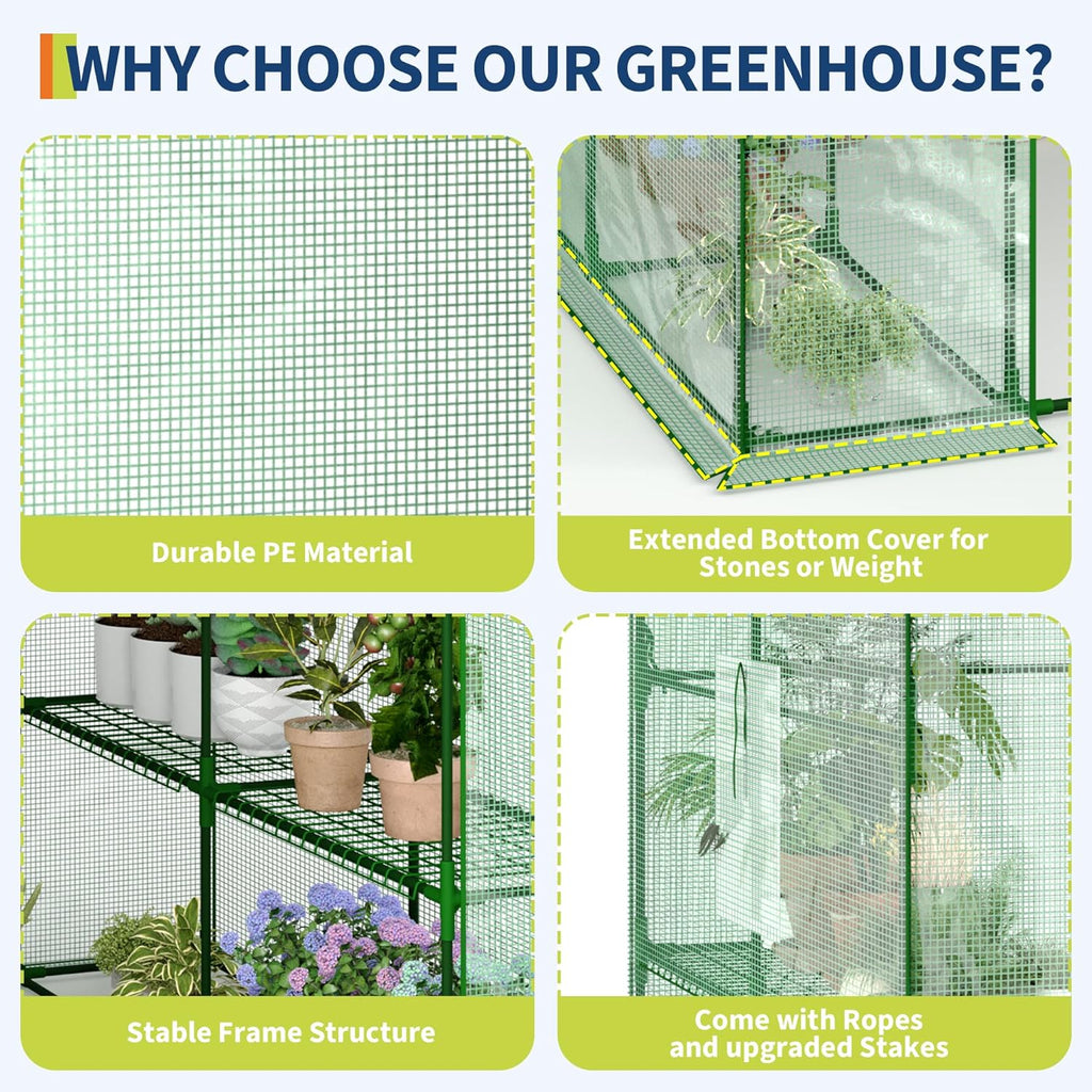Garvee 57 x 57 x 76 inches Walk-in Greenhouse with A Roll-Up Zipper Door and 6 Windows, Garden Plant Hot House with Galvanized Steel Frame, Green PE Cover Warm House for Outdoors Vegetables Plants
