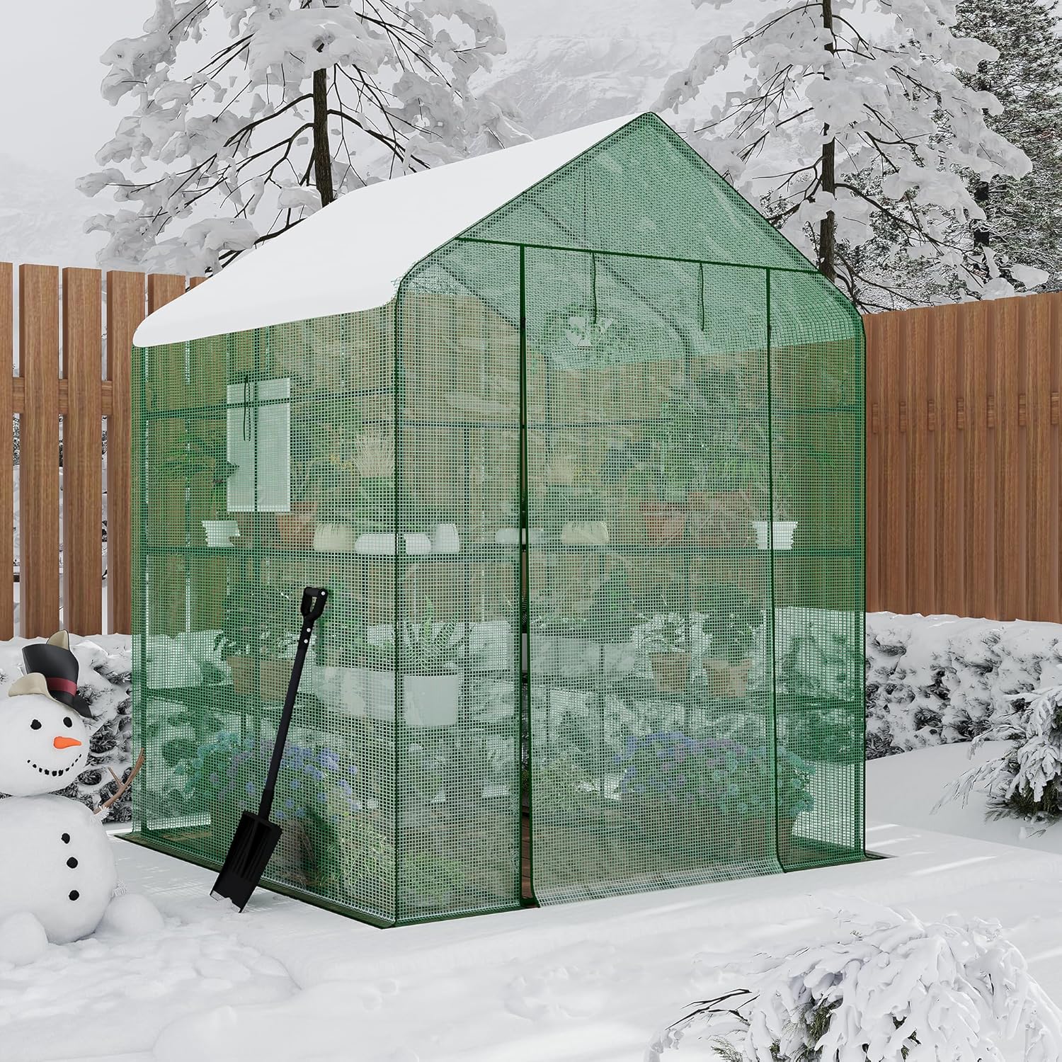 Garvee 57 x 57 x 76 inches Walk-in Greenhouse with A Roll-Up Zipper Door and 6 Windows, Garden Plant Hot House with Galvanized Steel Frame, Green PE Cover Warm House for Outdoors Vegetables Plants