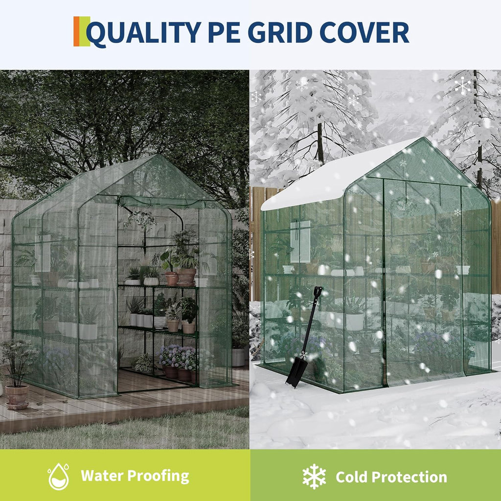Garvee 57 x 57 x 76 inches Walk-in Greenhouse with A Roll-Up Zipper Door and 6 Windows, Garden Plant Hot House with Galvanized Steel Frame, Green PE Cover Warm House for Outdoors Vegetables Plants