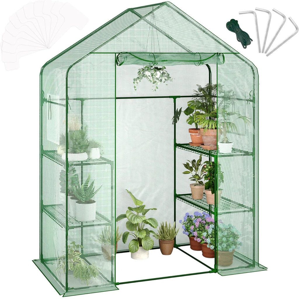 Garvee 57" X 29" X 77" Walk-in Greenhouse with A Roll-Up Zipper Door and 6 Windows, Garden Plant Hot House with Galvanized Steel Frame, Green PE Cover Warm House for Outdoors Vegetables Plants
