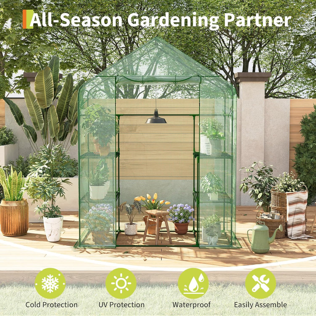Garvee 57" X 29" X 77" Walk-in Greenhouse with A Roll-Up Zipper Door and 6 Windows, Garden Plant Hot House with Galvanized Steel Frame, Green PE Cover Warm House for Outdoors Vegetables Plants