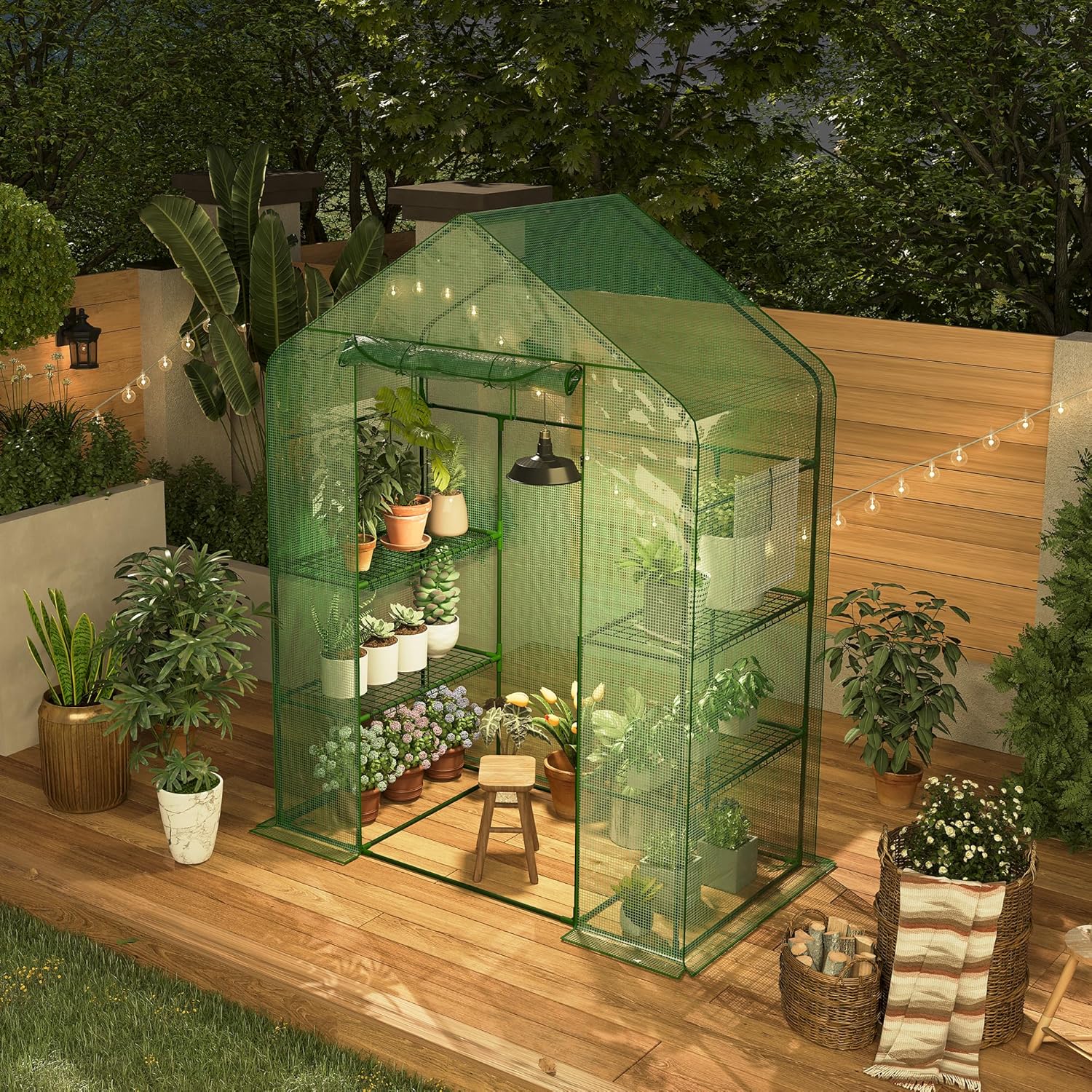 Garvee 57" X 29" X 77" Walk-in Greenhouse with A Roll-Up Zipper Door and 6 Windows, Garden Plant Hot House with Galvanized Steel Frame, Green PE Cover Warm House for Outdoors Vegetables Plants