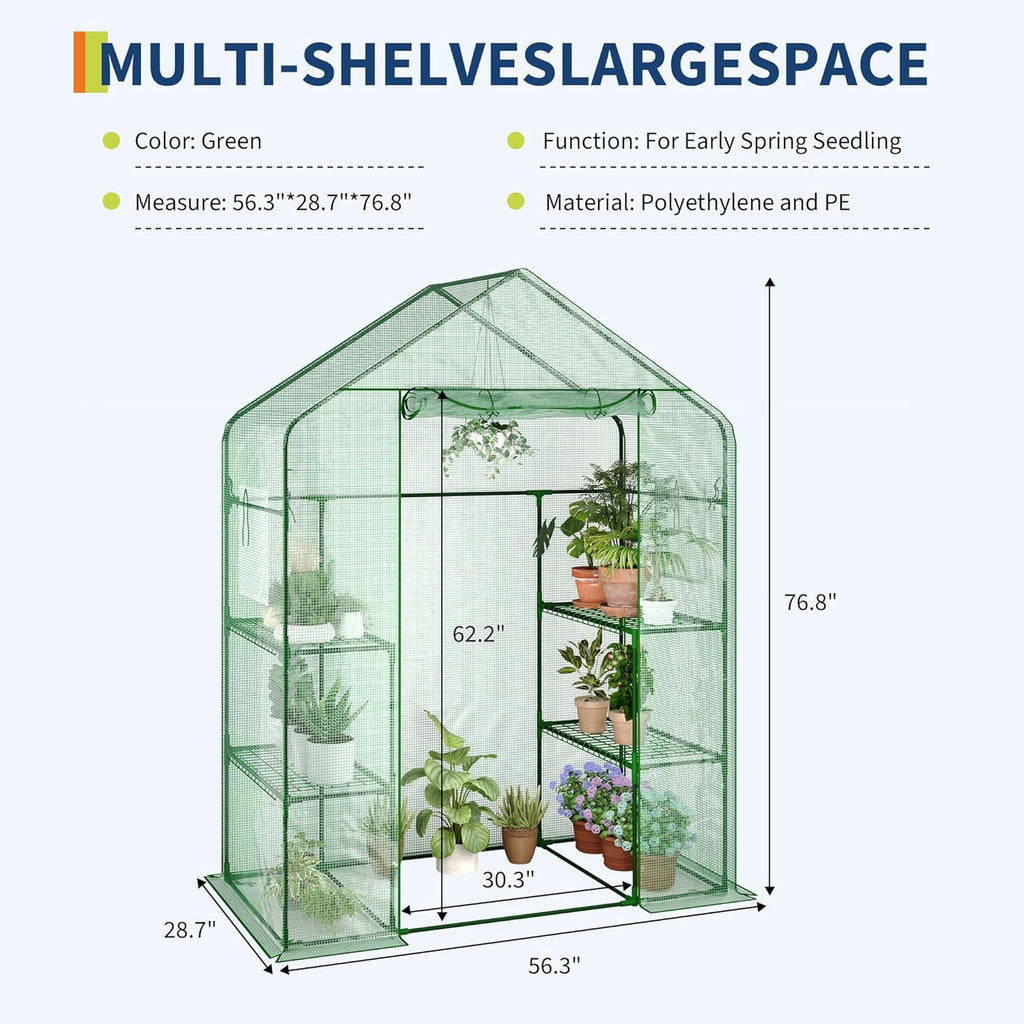 Garvee 57" X 29" X 77" Walk-in Greenhouse with A Roll-Up Zipper Door and 6 Windows, Garden Plant Hot House with Galvanized Steel Frame, Green PE Cover Warm House for Outdoors Vegetables Plants