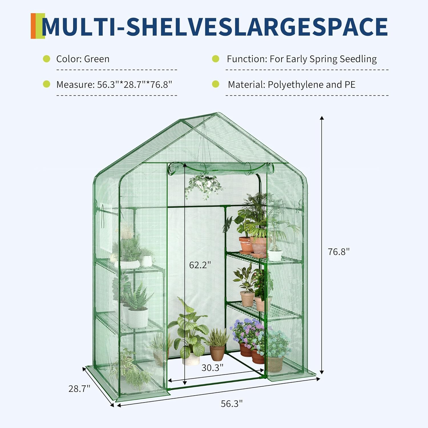 Garvee 57" X 29" X 77" Walk-in Greenhouse with A Roll-Up Zipper Door and 6 Windows, Garden Plant Hot House with Galvanized Steel Frame, Green PE Cover Warm House for Outdoors Vegetables Plants