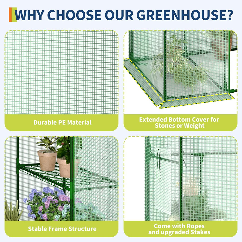 Garvee 57" X 29" X 77" Walk-in Greenhouse with A Roll-Up Zipper Door and 6 Windows, Garden Plant Hot House with Galvanized Steel Frame, Green PE Cover Warm House for Outdoors Vegetables Plants