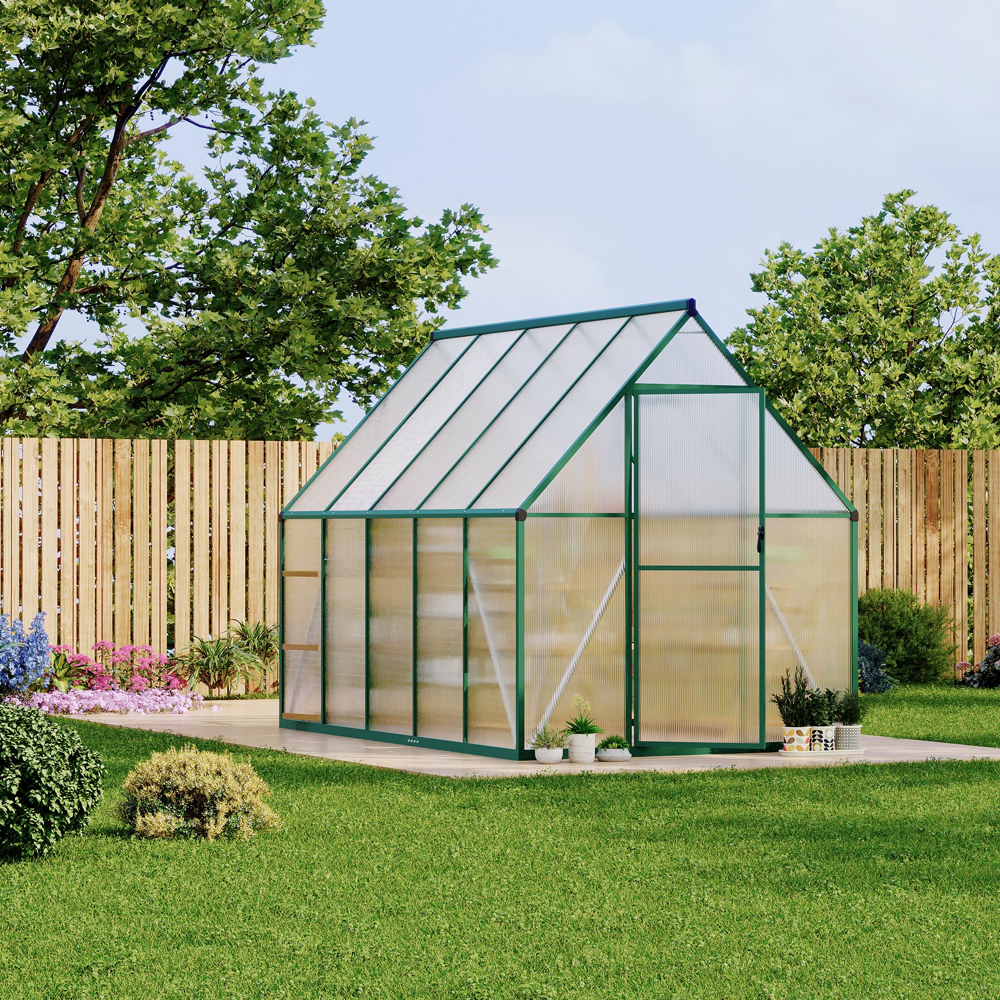Garvee Heavy Duty 6x9 FT Polycarbonate Walk-In Greenhouse - Aluminum Frame, Double Swing Doors, Roof Vent, Rain Gutter, Quick Easy Setup, for Garden Plants, Green
