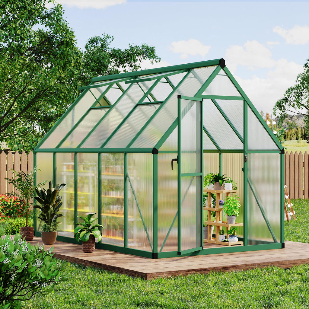 Garvee 6' x 9' Polycarbonate Walk-In Greenhouse, Aluminum Frame Greenhouse with 4mm Twin-Wall Panels, Lockable Door, Roof Vent & Ground Stakes, Green
