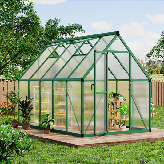 Garvee 6' x 9' Polycarbonate Walk-In Greenhouse, Aluminum Frame Greenhouse with 4mm Twin-Wall Panels, Lockable Door, Roof Vent & Ground Stakes, Green