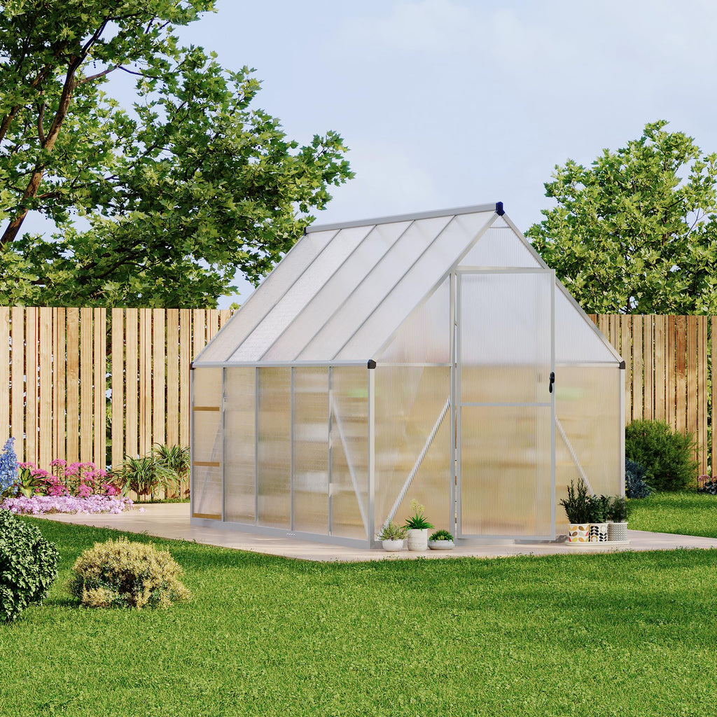 Garvee Heavy Duty 6x9 FT Aluminum Polycarbonate Walk-In Greenhouse - Double Swing Doors, Roof Vent, Rain Gutter, High Wind Resistant, Quick Setup, for Outdoor Garden, Silver