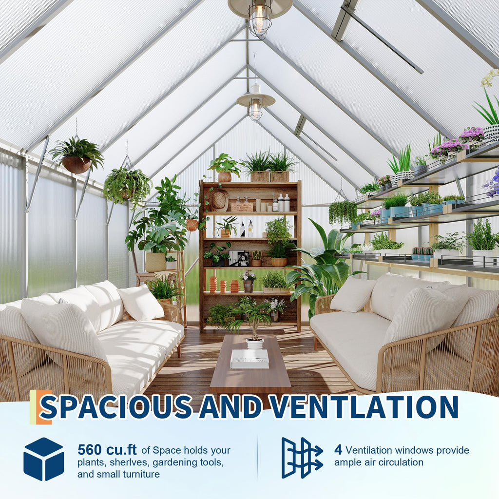 Garvee Heavy Duty 8x12 FT Polycarbonate Walk-In Greenhouse – Reinforced Aluminum Frame, Double Swing Doors, Roof Ventilation, Rain Gutter, Large Outdoor Gardening Space – Silver