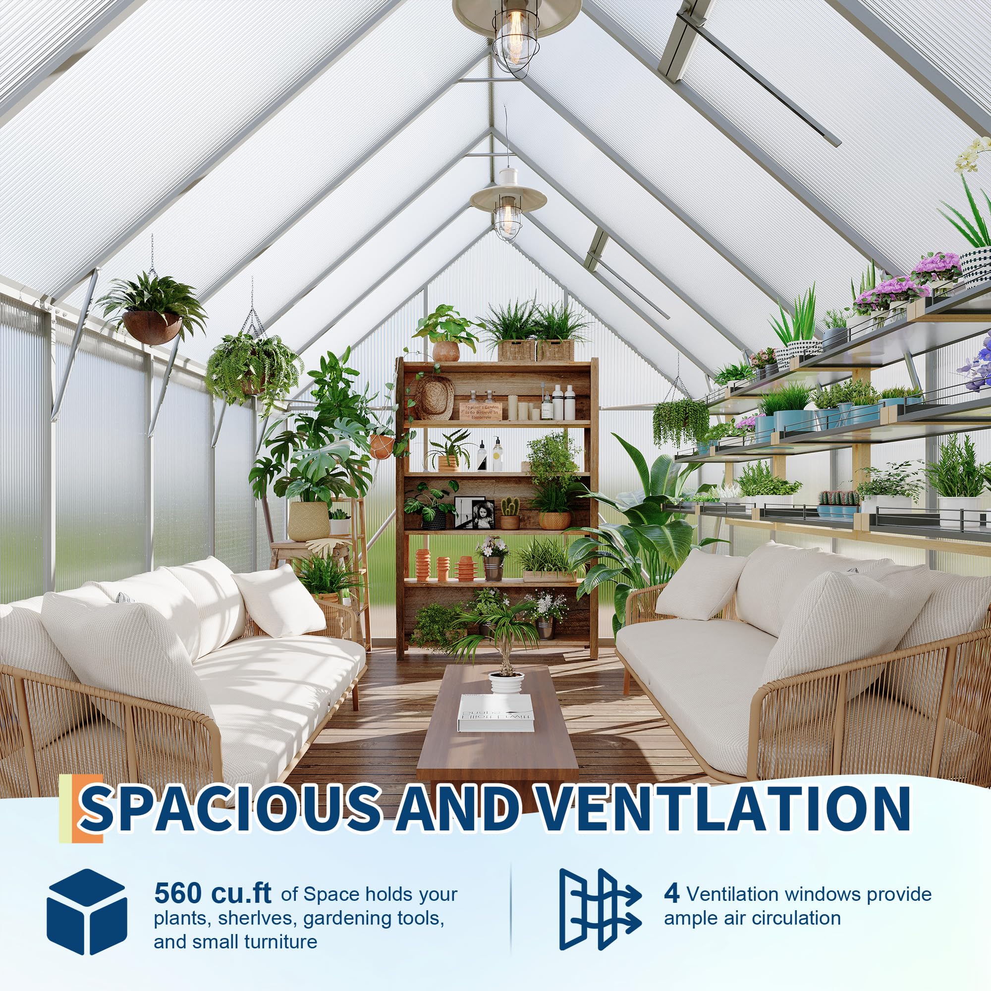 Garvee Heavy Duty 8x12 FT Polycarbonate Walk-In Greenhouse – Reinforced Aluminum Frame, Double Swing Doors, Roof Ventilation, Rain Gutter, Large Outdoor Gardening Space – Silver