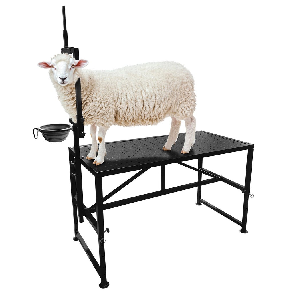 Garvee Goat Stand with Feed Bin, Heavy Duty 600LBs Goat Trimming Stand with Adjustable Head and Legs, Livestock Table for Sheep Trimming and Milking, Black