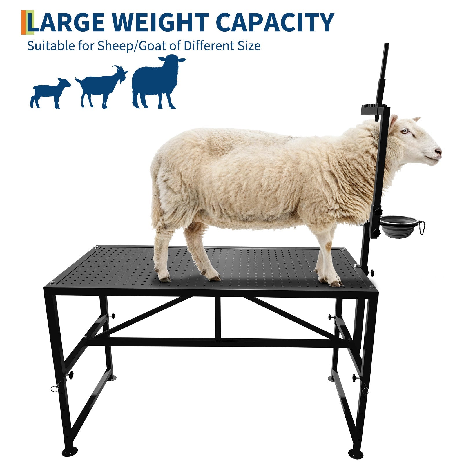 Garvee Goat Stand with Feed Bin, Heavy Duty 600LBs Goat Trimming Stand with Adjustable Head and Legs, Livestock Table for Sheep Trimming and Milking, Black