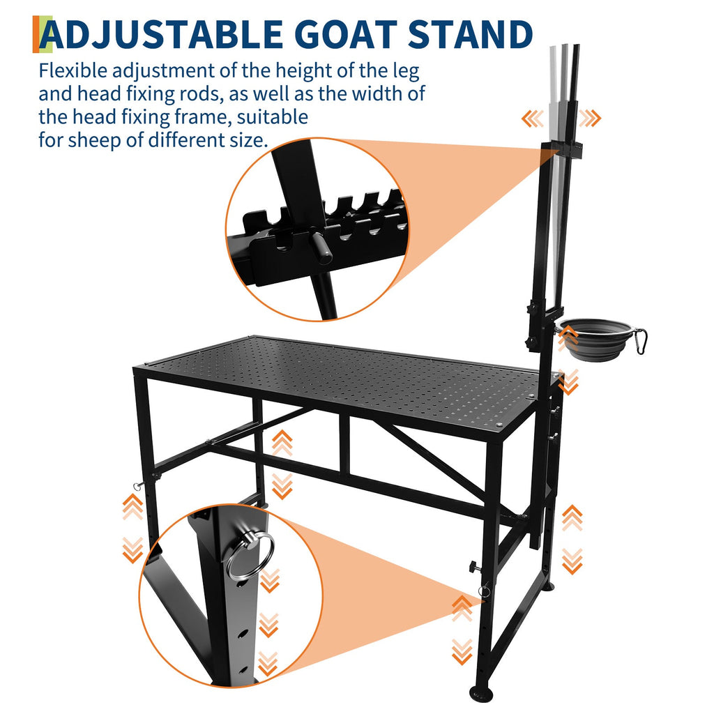 Garvee Goat Stand with Feed Bin, Heavy Duty 600LBs Goat Trimming Stand with Adjustable Head and Legs, Livestock Table for Sheep Trimming and Milking, Black