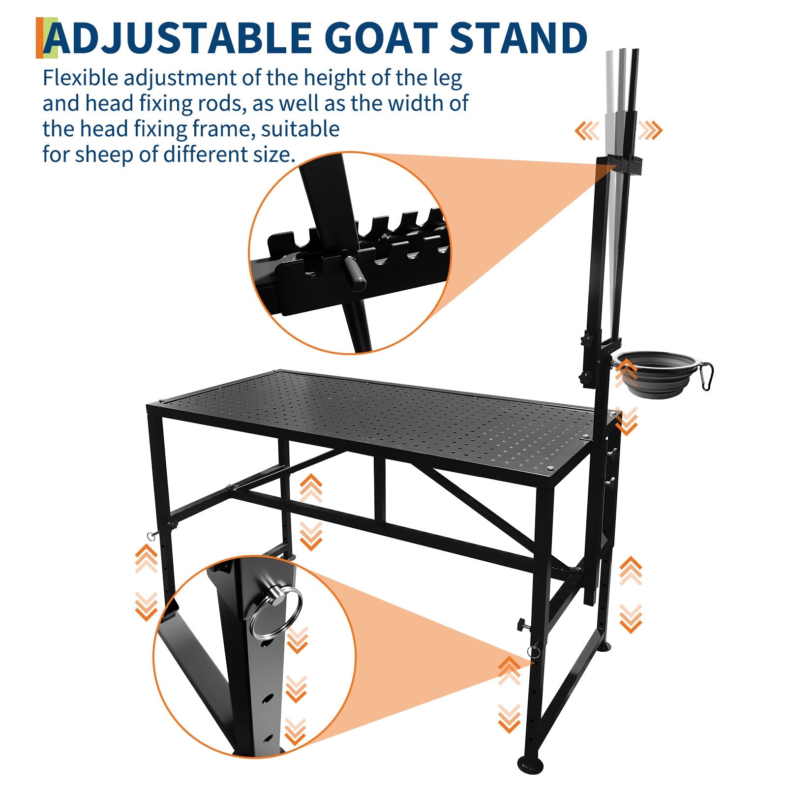 Garvee Goat Stand with Feed Bin, Heavy Duty 600LBs Goat Trimming Stand with Adjustable Head and Legs, Livestock Table for Sheep Trimming and Milking, Black