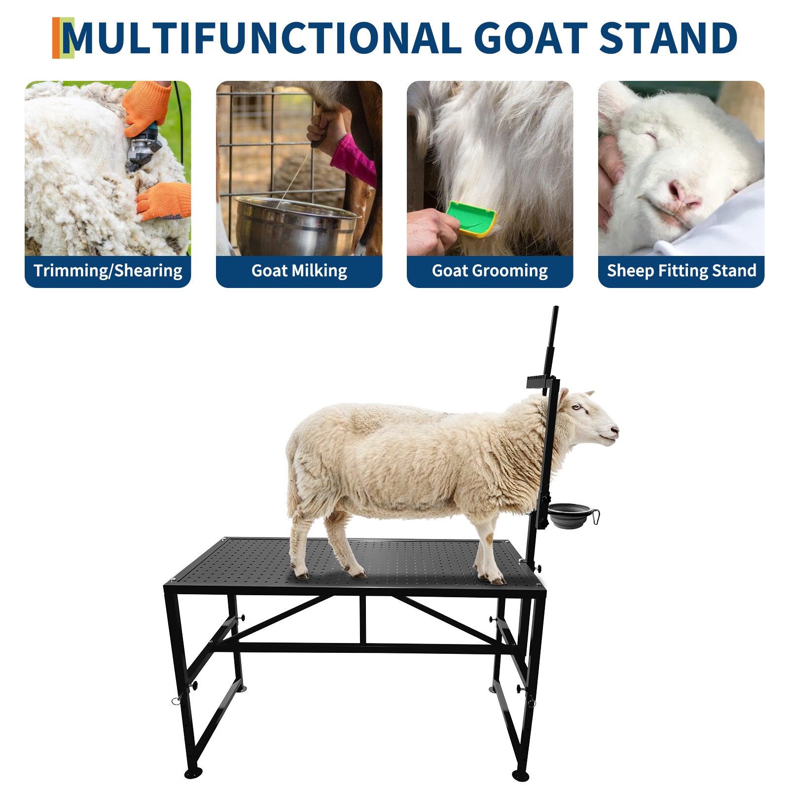 Garvee Goat Stand with Feed Bin, Heavy Duty 600LBs Goat Trimming Stand with Adjustable Head and Legs, Livestock Table for Sheep Trimming and Milking, Black