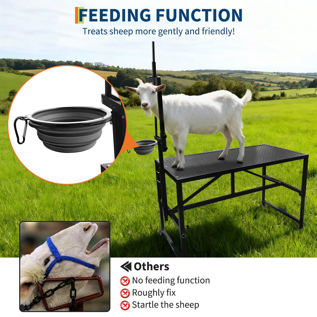 Garvee Goat Stand with Feed Bin, Heavy Duty 600LBs Goat Trimming Stand with Adjustable Head and Legs, Livestock Table for Sheep Trimming and Milking, Black