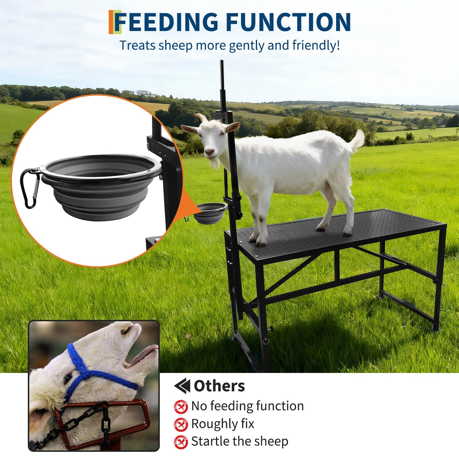 Garvee Goat Stand with Feed Bin, Heavy Duty 600LBs Goat Trimming Stand with Adjustable Head and Legs, Livestock Table for Sheep Trimming and Milking, Black