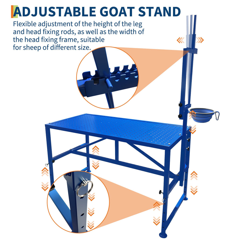 Garvee Heavy Duty Metal Goat Milking and Hoof Trimming Stand with Adjustable Headpiece & Legs, Built-in Feed Bin, 600 lbs Capacity - Ideal for Sheep, Goats, and Livestock Grooming - Tool Set, Blue