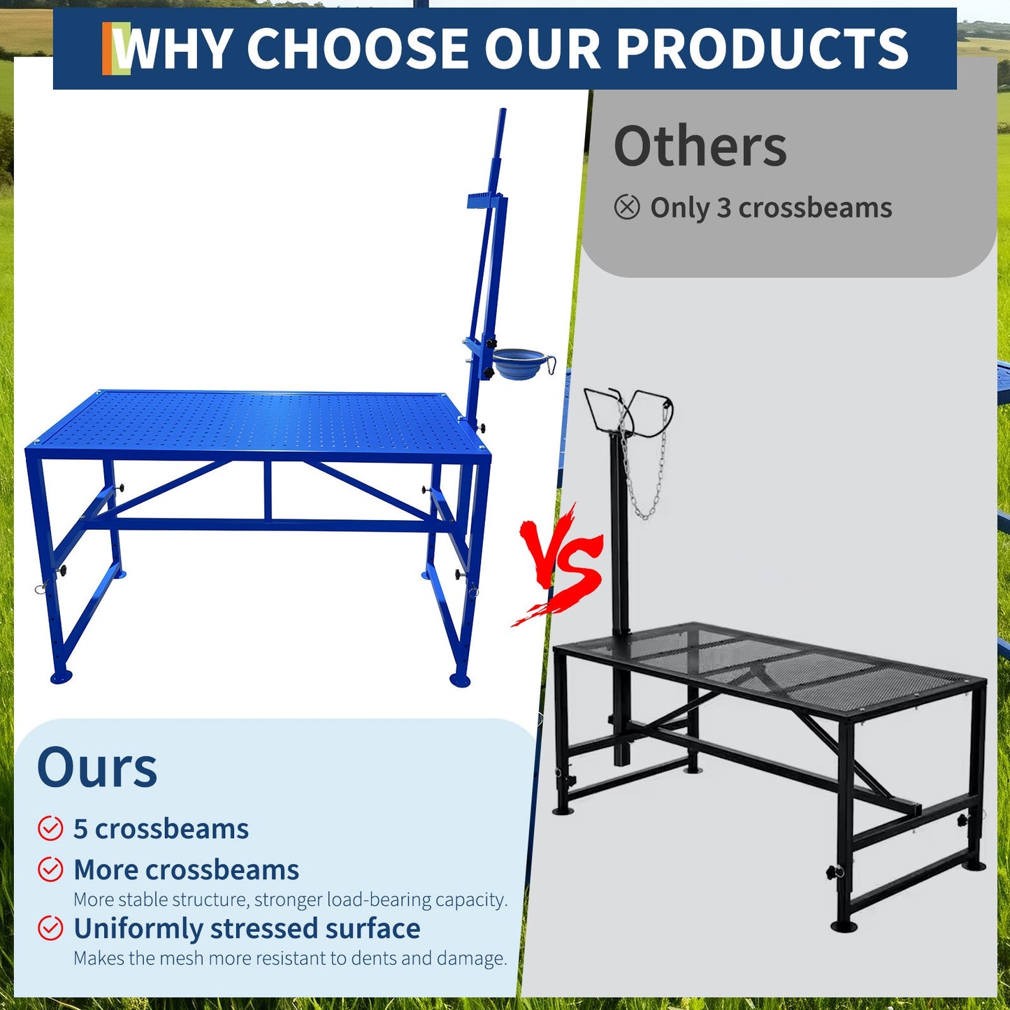 Garvee Heavy Duty Metal Goat Milking and Hoof Trimming Stand with Adjustable Headpiece & Legs, Built-in Feed Bin, 600 lbs Capacity - Ideal for Sheep, Goats, and Livestock Grooming - Tool Set, Blue