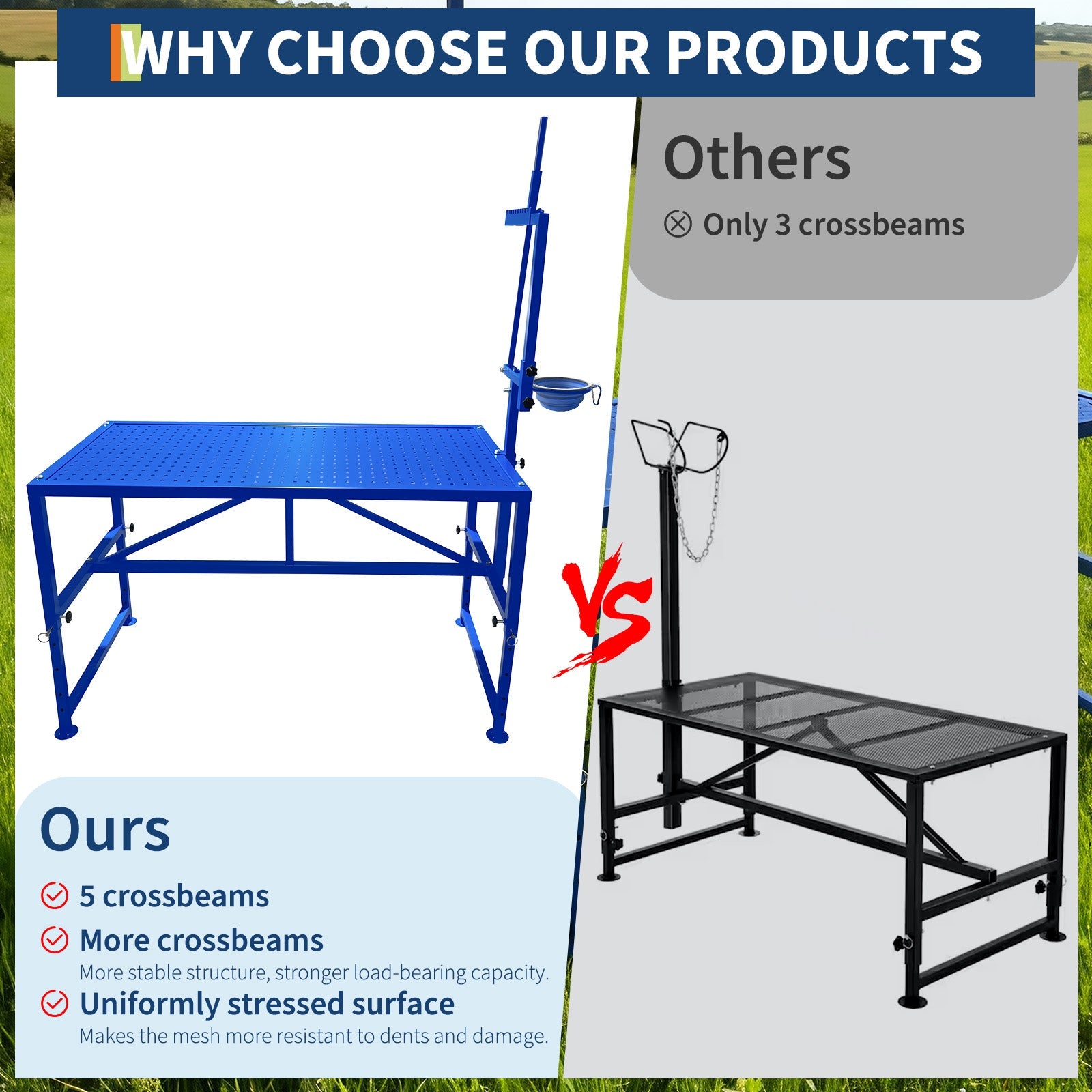 Garvee Heavy Duty Metal Goat Milking and Hoof Trimming Stand with Adjustable Headpiece & Legs, Built-in Feed Bin, 600 lbs Capacity - Ideal for Sheep, Goats, and Livestock Grooming - Tool Set, Blue