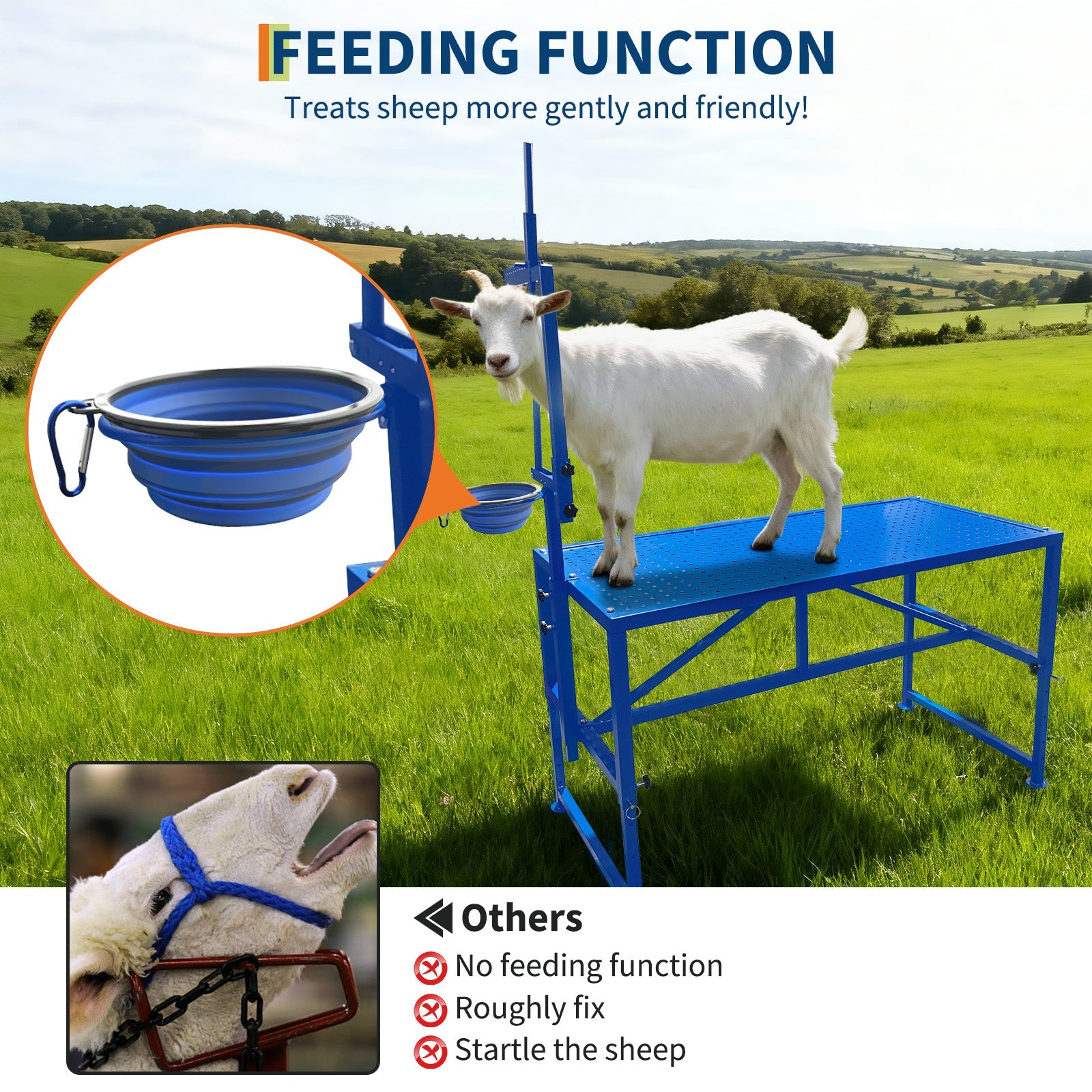 Garvee Heavy Duty Metal Goat Milking and Hoof Trimming Stand with Adjustable Headpiece & Legs, Built-in Feed Bin, 600 lbs Capacity - Ideal for Sheep, Goats, and Livestock Grooming - Tool Set, Blue