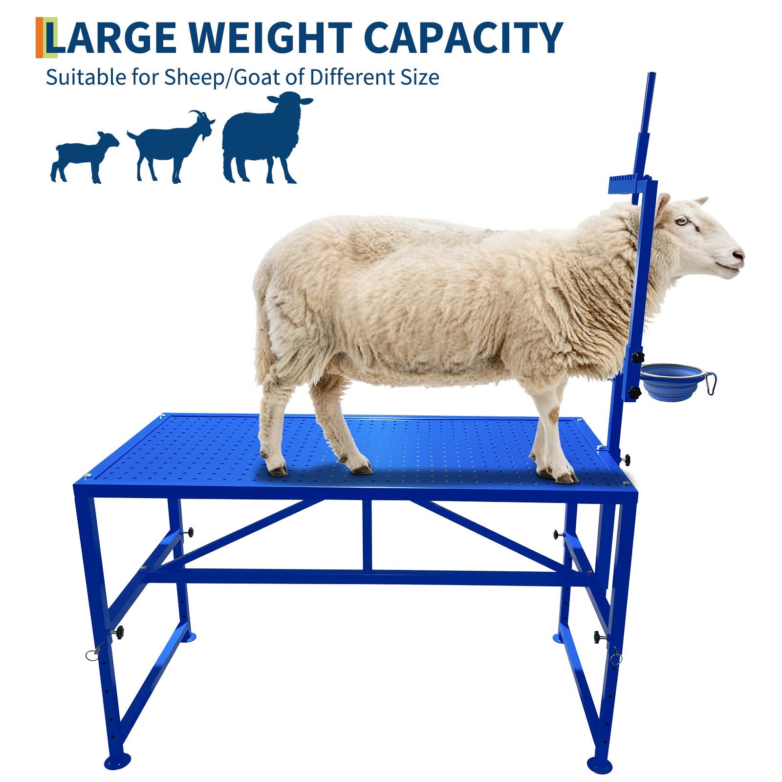 Garvee Heavy Duty Metal Goat Milking and Hoof Trimming Stand with Adjustable Headpiece & Legs, Built-in Feed Bin, 600 lbs Capacity - Ideal for Sheep, Goats, and Livestock Grooming - Tool Set, Blue