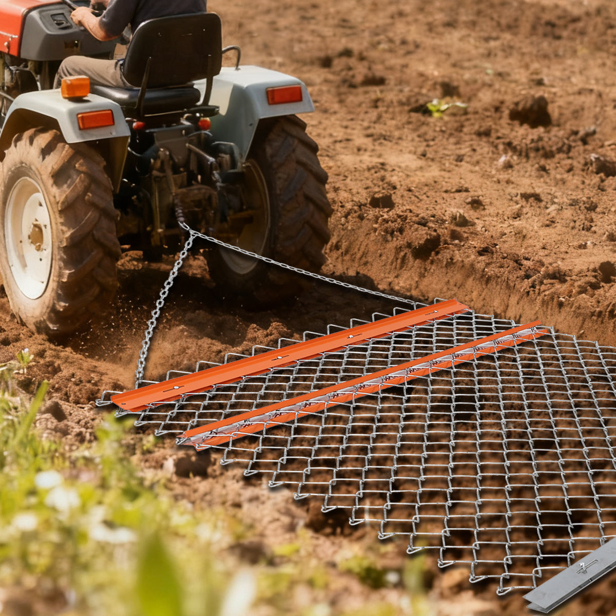 Garvee Heavy Duty Chain Drag Harrow for ATV/UTV – Rugged Steel Landscape Leveling Rake & Driveway Leveler – Appropriate for Farm, Garden & Pasture Maintenance – Collapsible Design – 5Ft*4Ft + Orange Iron Plate