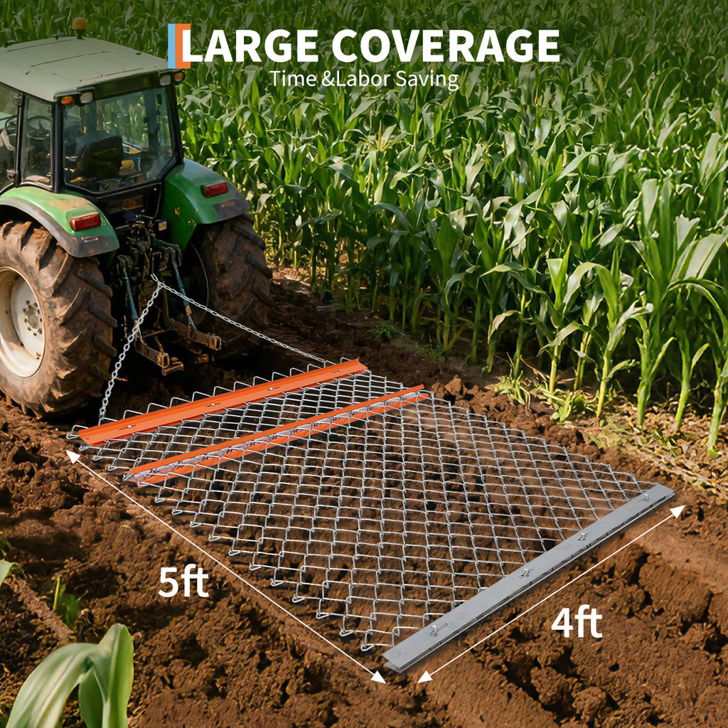 Garvee Heavy Duty Chain Drag Harrow for ATV/UTV – Rugged Steel Landscape Leveling Rake & Driveway Leveler – Appropriate for Farm, Garden & Pasture Maintenance – Collapsible Design – 5Ft*4Ft + Orange Iron Plate