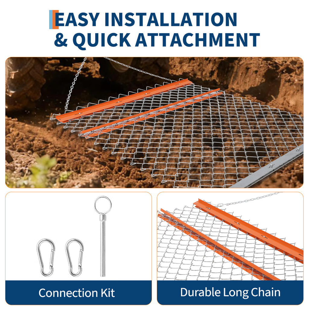 Garvee Heavy Duty Chain Drag Harrow for ATV/UTV – Rugged Steel Landscape Leveling Rake & Driveway Leveler – Appropriate for Farm, Garden & Pasture Maintenance – Collapsible Design – 5Ft*4Ft + Orange Iron Plate