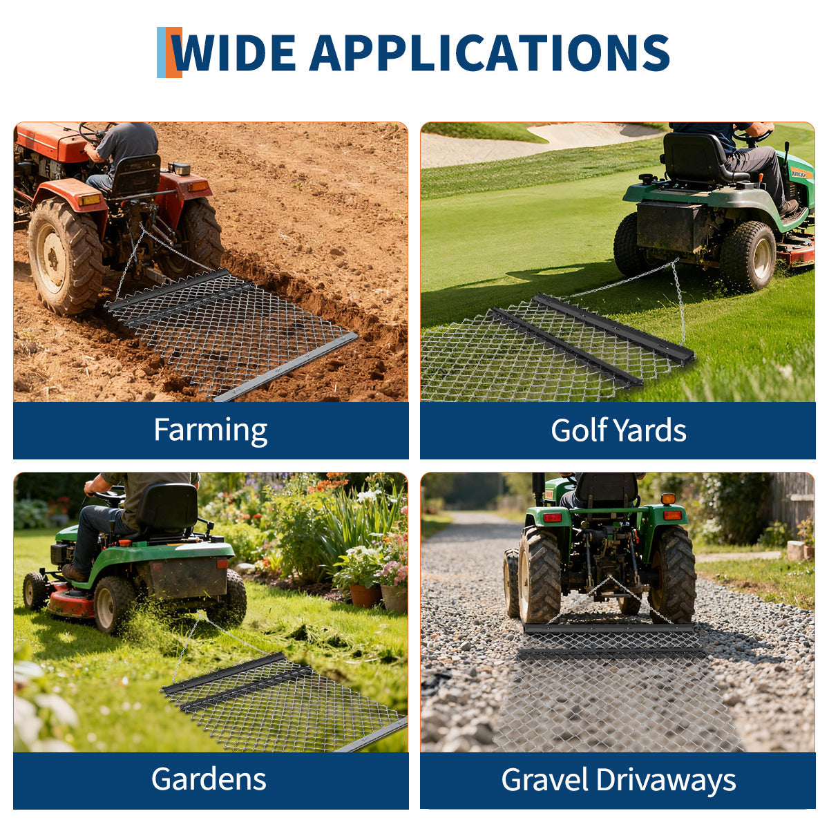Garvee Heavy Duty Chain Drag Harrow for ATV/UTV – Durable Steel Leveling Rake & Driveway Leveler – Ideal for Sod Prep, Farm, Garden & Pasture – Collapsible Design – 5Ft*4Ft + Black Iron Plate