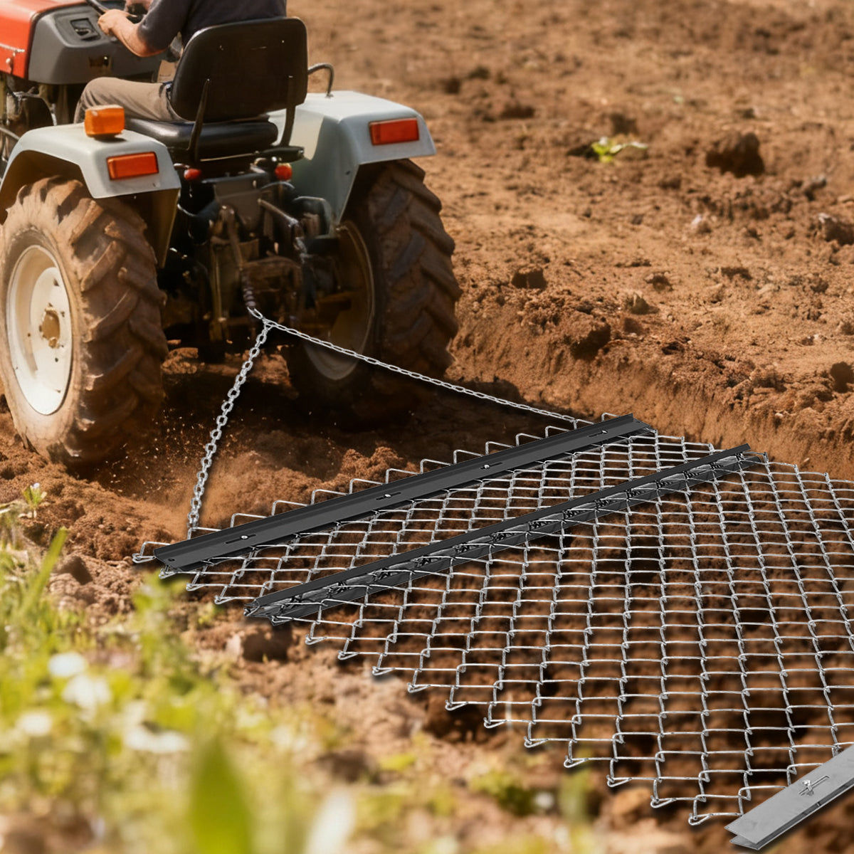 Garvee Heavy Duty Chain Drag Harrow for ATV/UTV – Durable Steel Leveling Rake & Driveway Leveler – Ideal for Sod Prep, Farm, Garden & Pasture – Collapsible Design – 5Ft*4Ft + Black Iron Plate