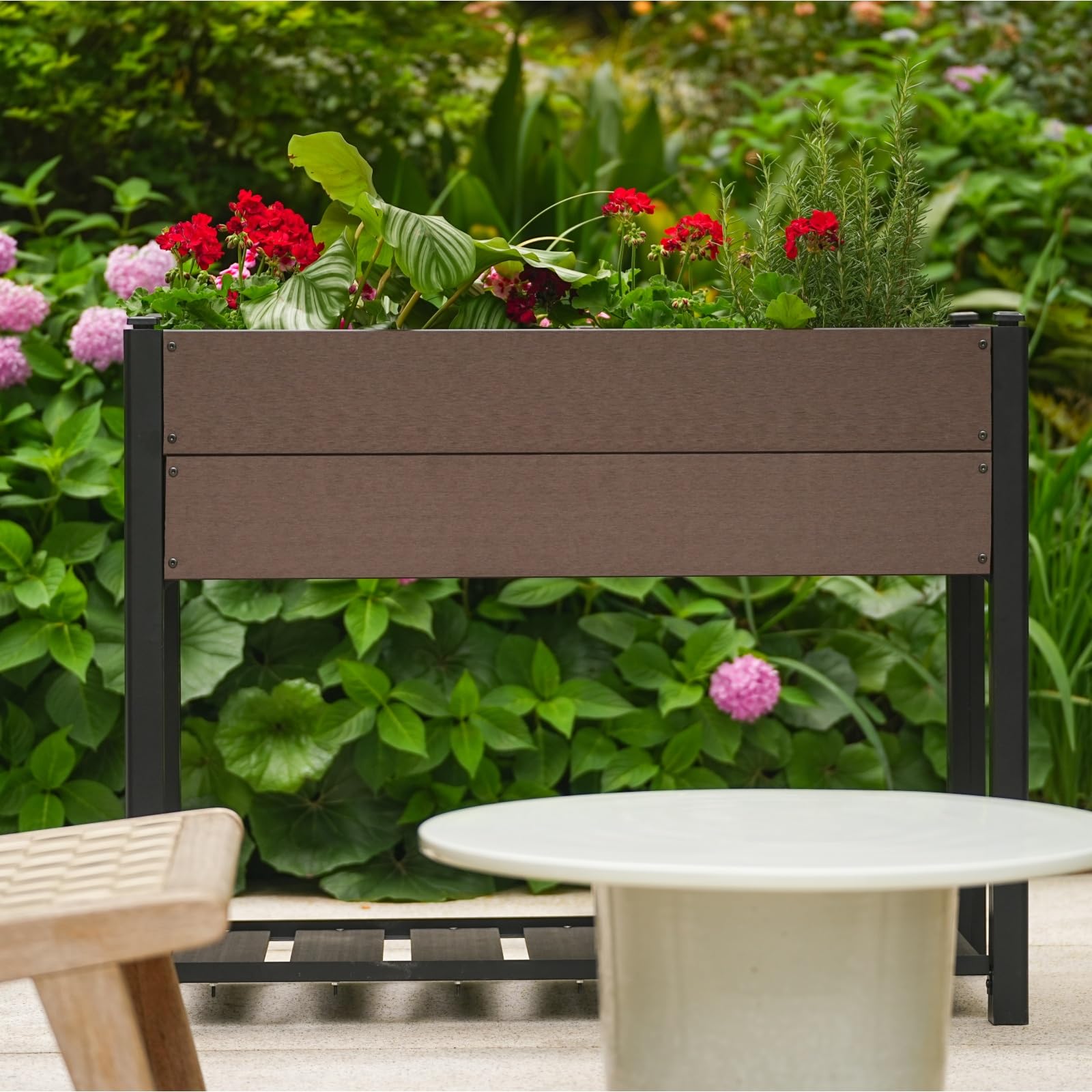 Garvee 42" × 33" HDPE Elevated Raised Garden Bed, Wood-Grain Planter Box with Black Aluminum Frame & Storage Shelf, Brown