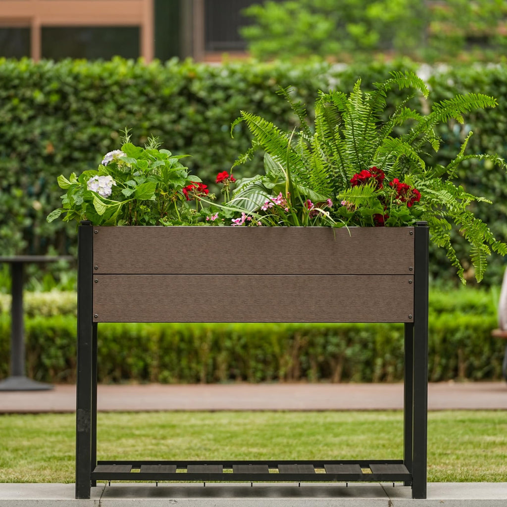 Garvee 42" × 33" HDPE Elevated Raised Garden Bed, Wood-Grain Planter Box with Black Aluminum Frame & Storage Shelf, Brown