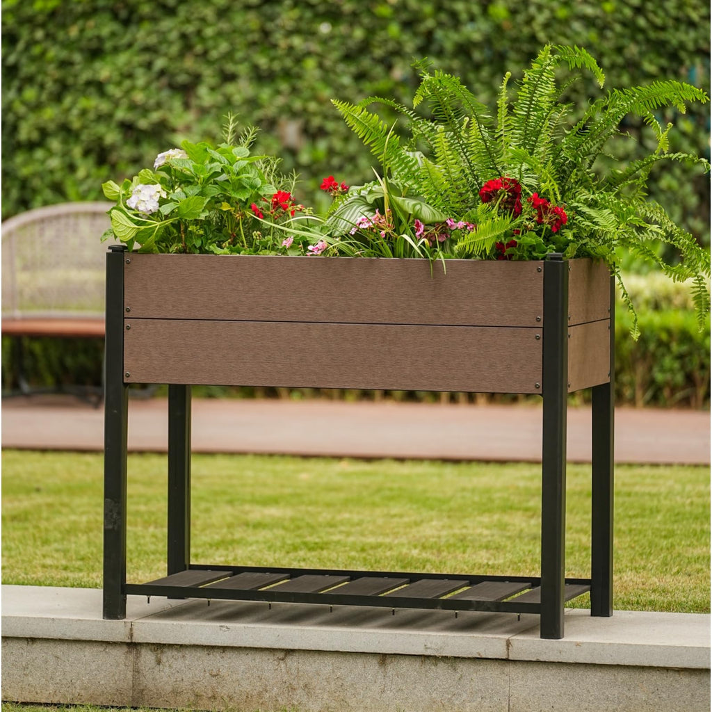 Garvee 42" × 33" HDPE Elevated Raised Garden Bed, Wood-Grain Planter Box with Black Aluminum Frame & Storage Shelf, Brown
