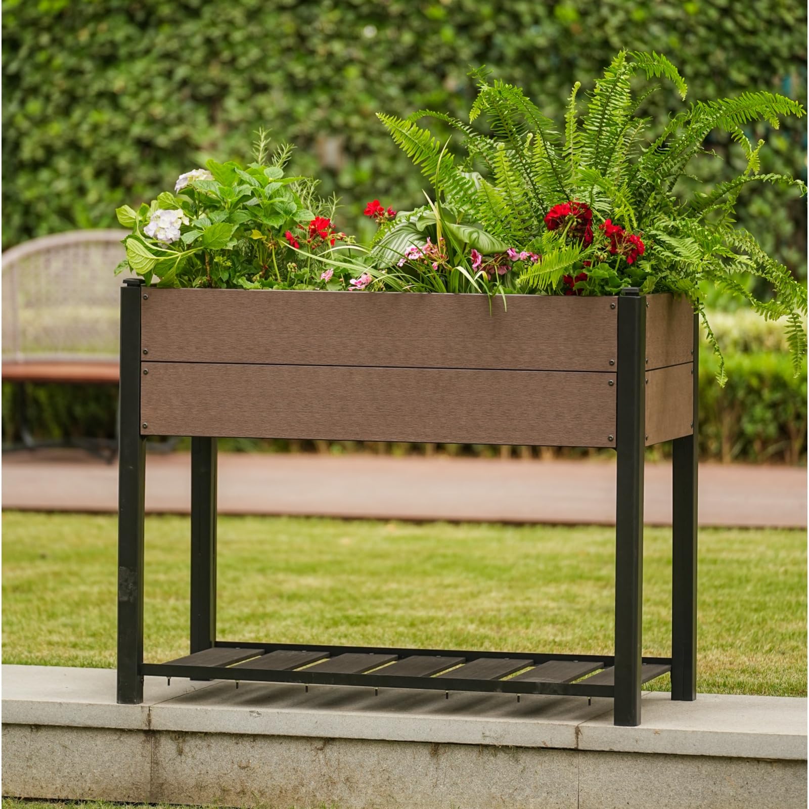 Garvee 42" × 33" HDPE Elevated Raised Garden Bed, Wood-Grain Planter Box with Black Aluminum Frame & Storage Shelf, Brown