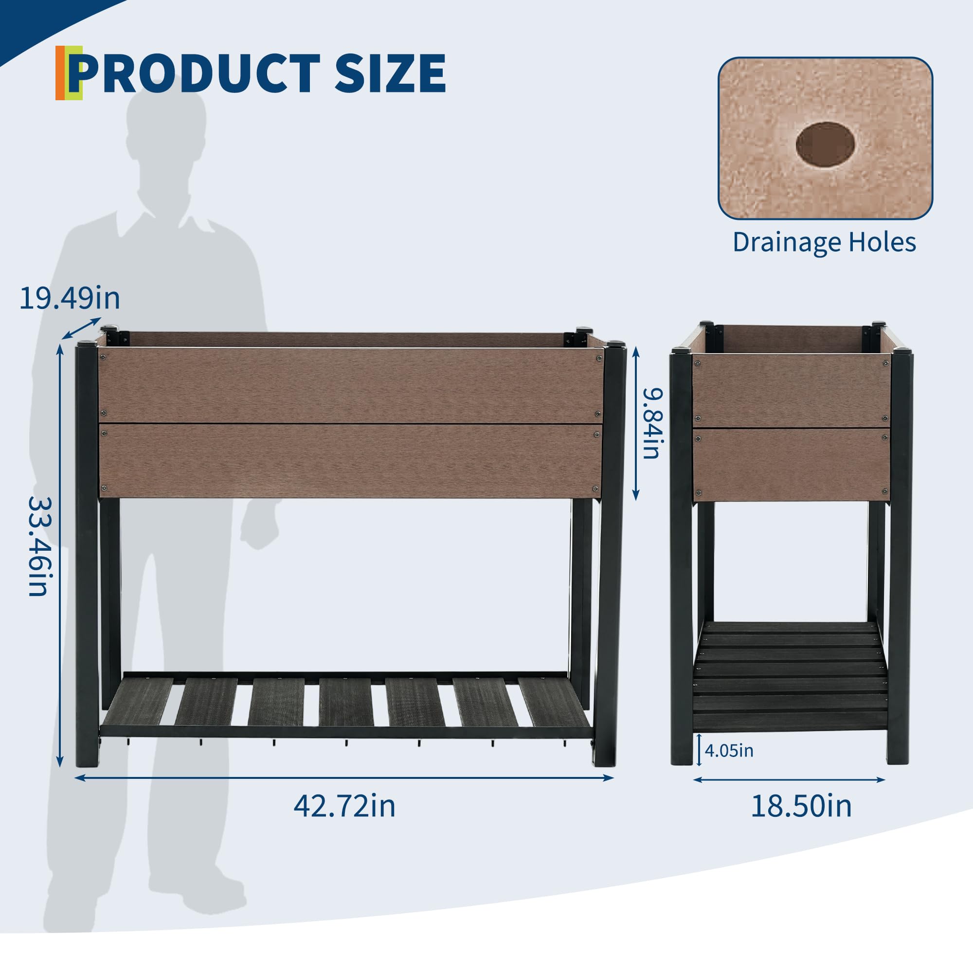Garvee 42" × 33" HDPE Elevated Raised Garden Bed, Wood-Grain Planter Box with Black Aluminum Frame & Storage Shelf, Brown