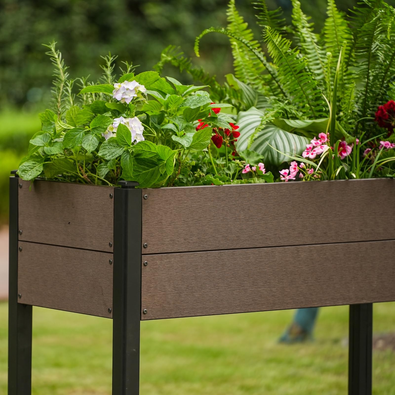 Garvee 42" × 33" HDPE Elevated Raised Garden Bed, Wood-Grain Planter Box with Black Aluminum Frame & Storage Shelf, Brown