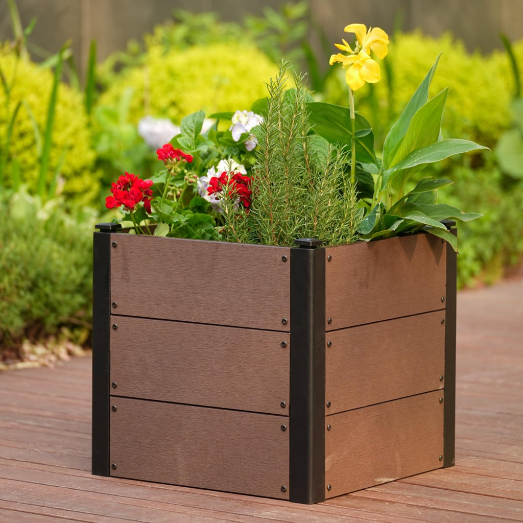 Garvee 19" × 19" × 17" Wood-Look Composite Raised Garden Bed, Planter Box with Bottom Panel & Drainage, Brown